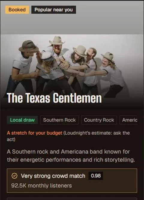 A booked local band on its performer card