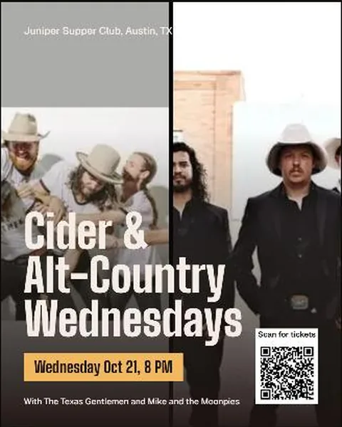 A poster showing two bands and a ticket QR code
